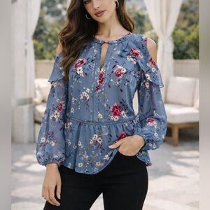 White house black market floral chiffon keyhole top